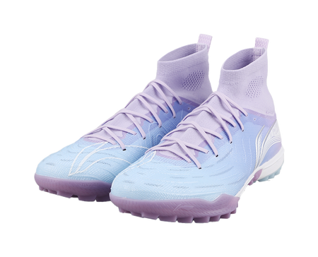 Pair of blue and lavender turf soccer shoes, front view, with white laces
