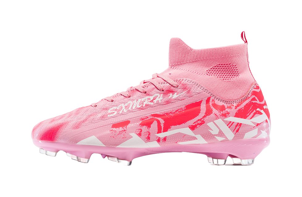 Pink soccer cleat with knit collar, lace-up, firm-ground studs