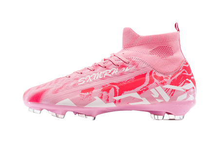 Pink soccer cleat with knit collar, lace-up, firm-ground studs