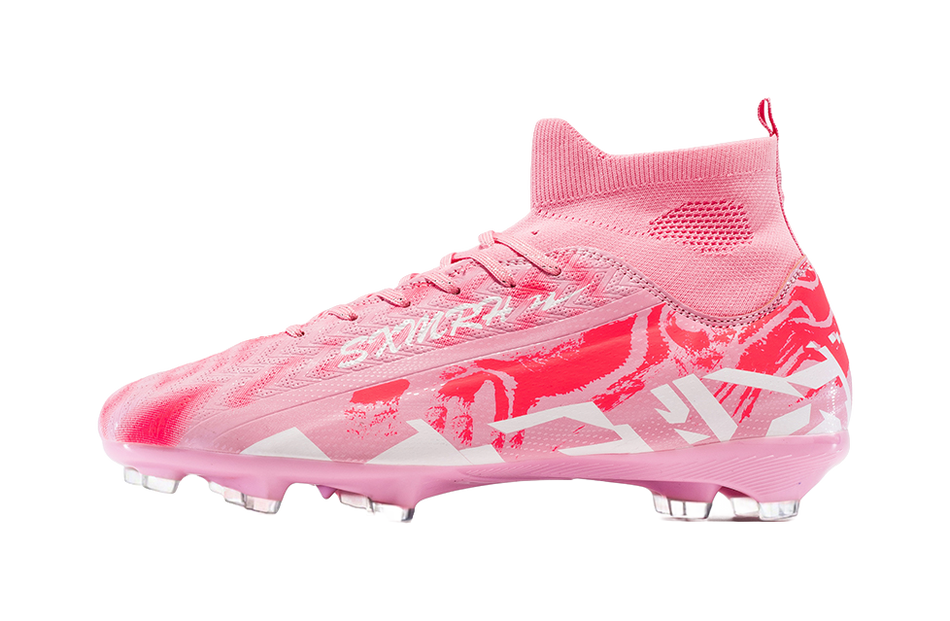 Pink soccer cleat with knit collar, lace-up, firm-ground studs