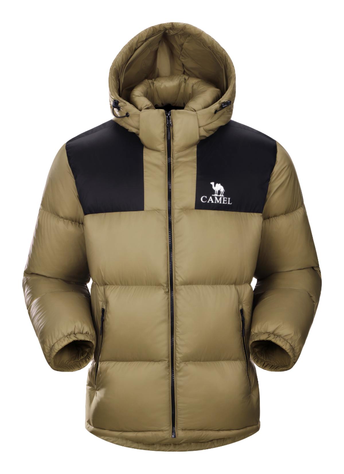 Tan and black color-block hooded puffer jacket with CAMEL logo, full zip.