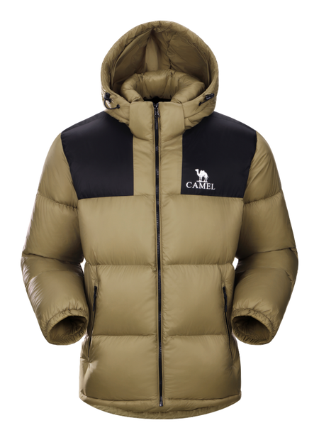 Tan and black color-block hooded puffer jacket with CAMEL logo, full zip.