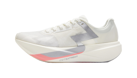 Low running shoe with lace-up, silver white knit upper and gray side panel.
