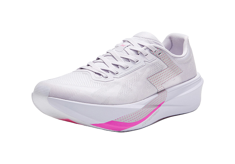 Low running shoe with textured knit upper, lace-up closure, and pink accent stripe