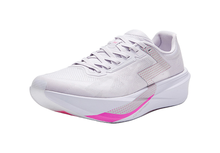 Low running shoe with textured knit upper, lace-up closure, and pink accent stripe