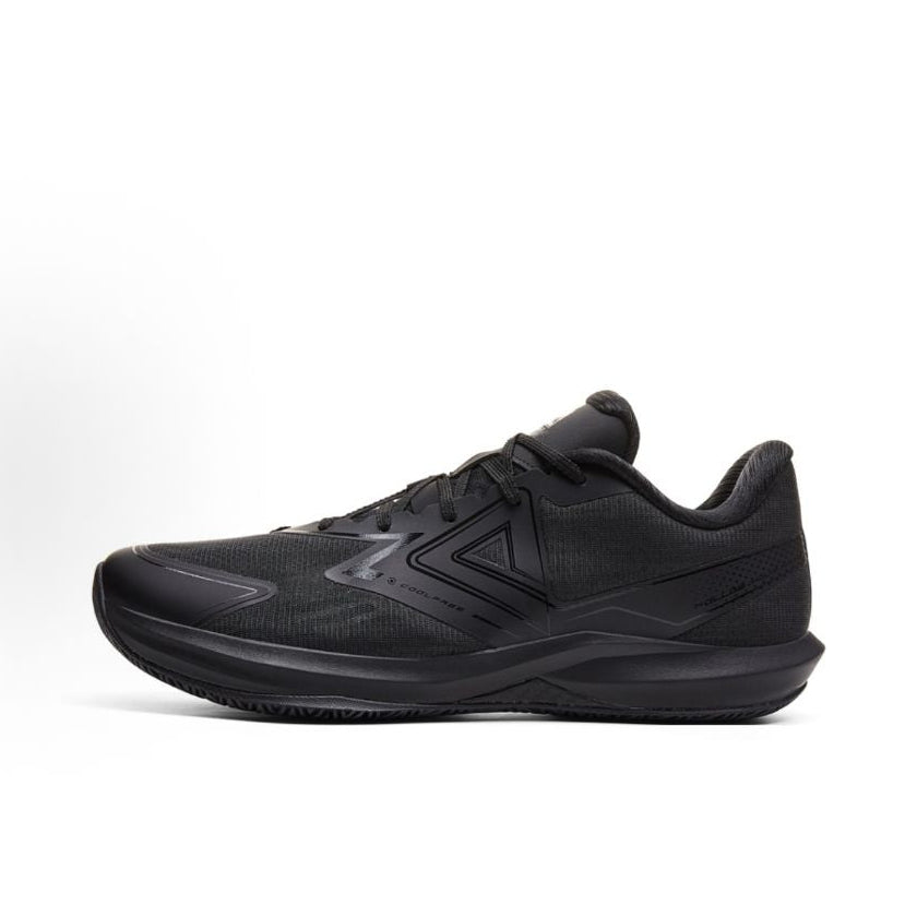 Black unisex basketball shoe with lace-up front and side logo detail
