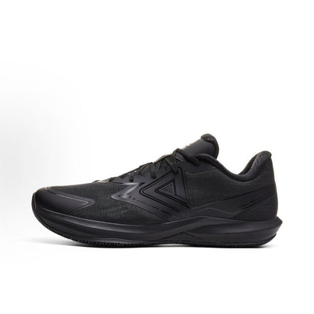 Black unisex basketball shoe with lace-up front and side logo detail