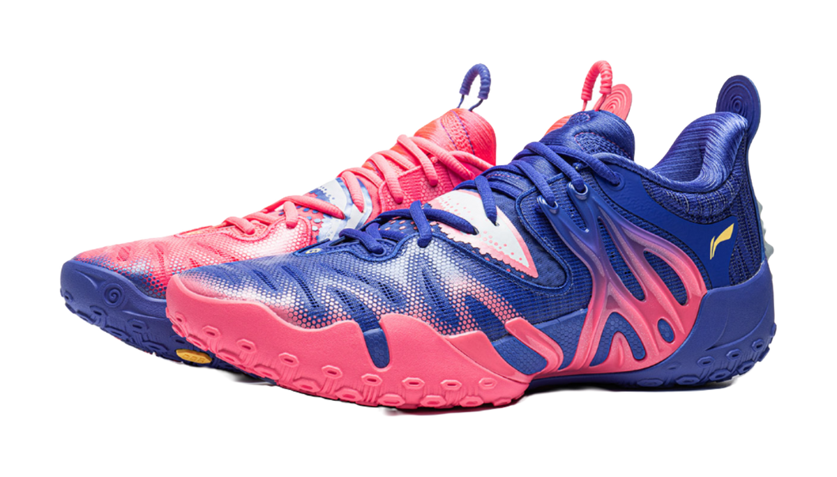 Pair of unisex mid-top basketball shoes: blue and pink with patterned side panels