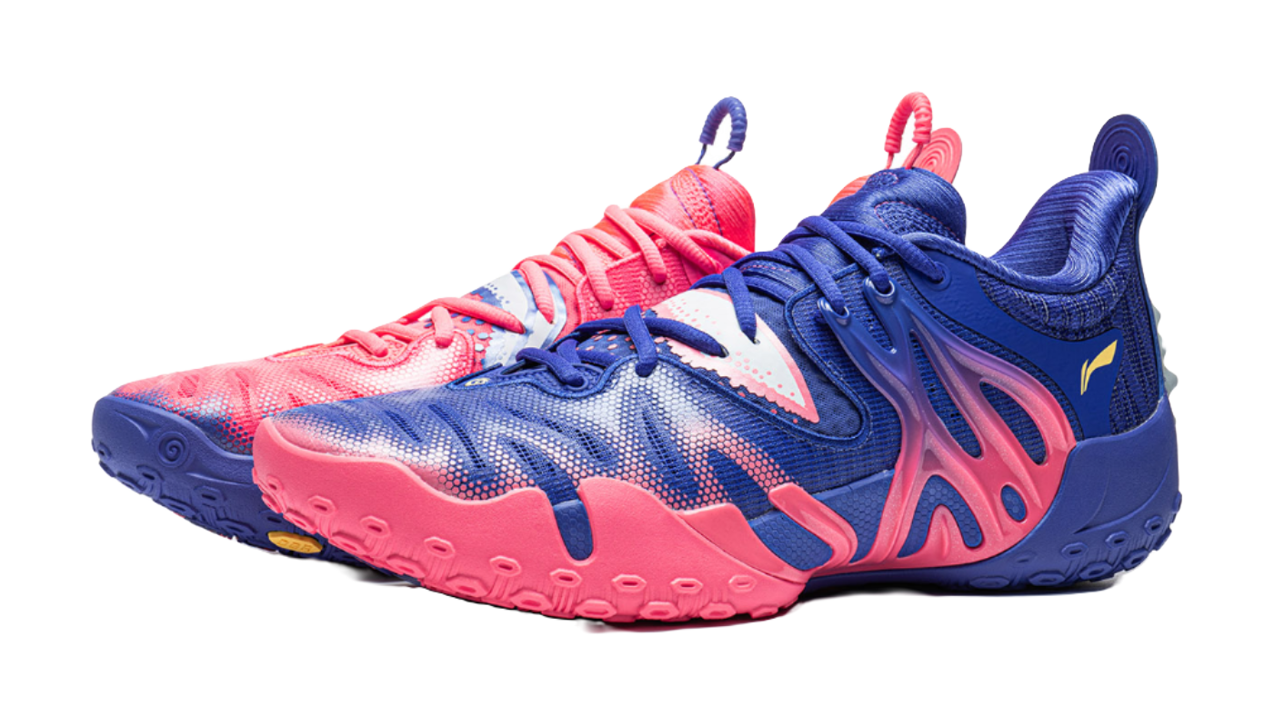 Pair of unisex mid-top basketball shoes: blue and pink with patterned side panels