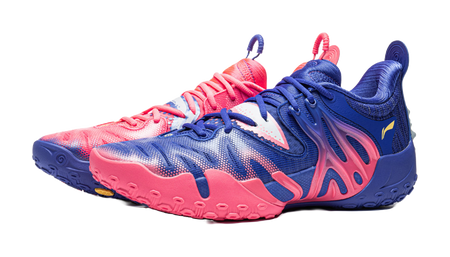 Pair of unisex mid-top basketball shoes: blue and pink with patterned side panels