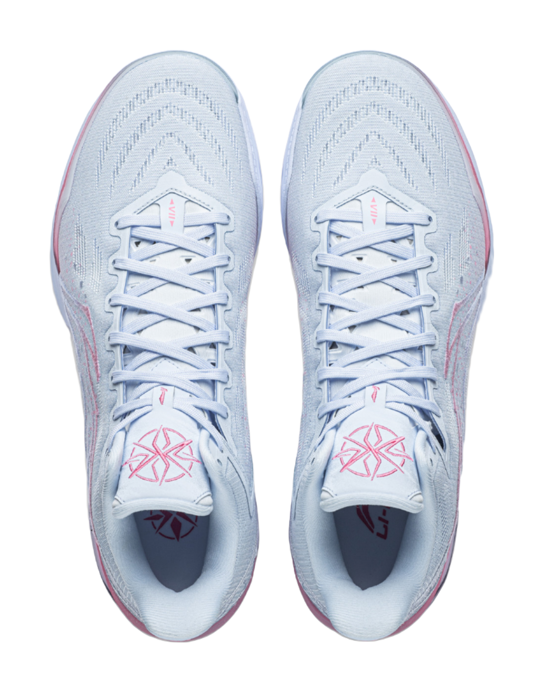 Men's basketball shoes, front view of light blue uppers with pink laces and trim