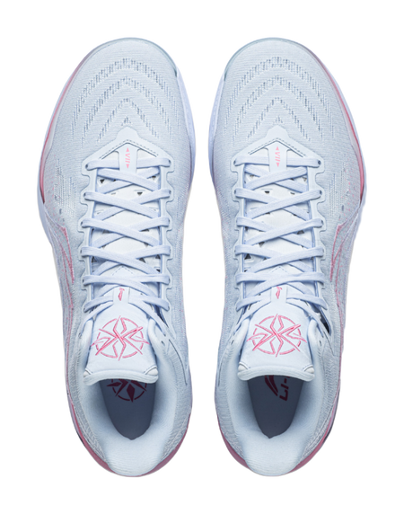 Men's basketball shoes, front view of light blue uppers with pink laces and trim