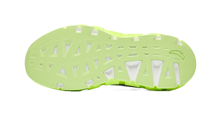 Sneaker outsole, neon green tread with repeating square and triangle lugs