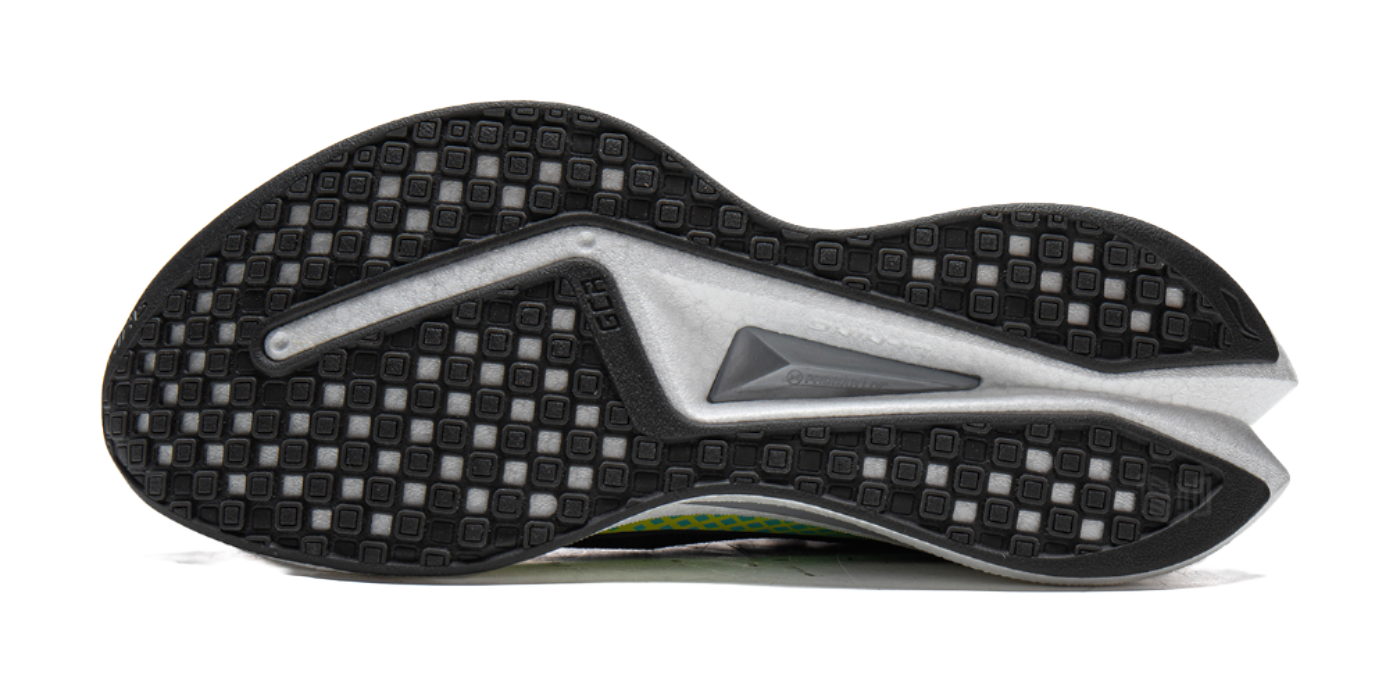 Unisex running shoe outsole view, dark tread with white sidewall and teal/yellow edge