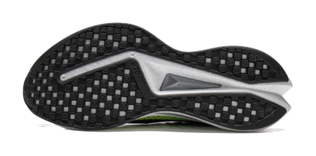 Unisex running shoe outsole view, dark tread with white sidewall and teal/yellow edge