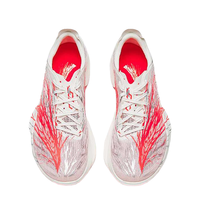 Women’s low-top running shoe with white laces and red-lined collar interior