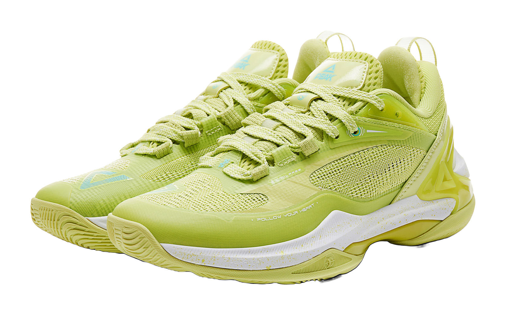 Light acid green basketball shoe front view with textured mesh and lace-up, white sole