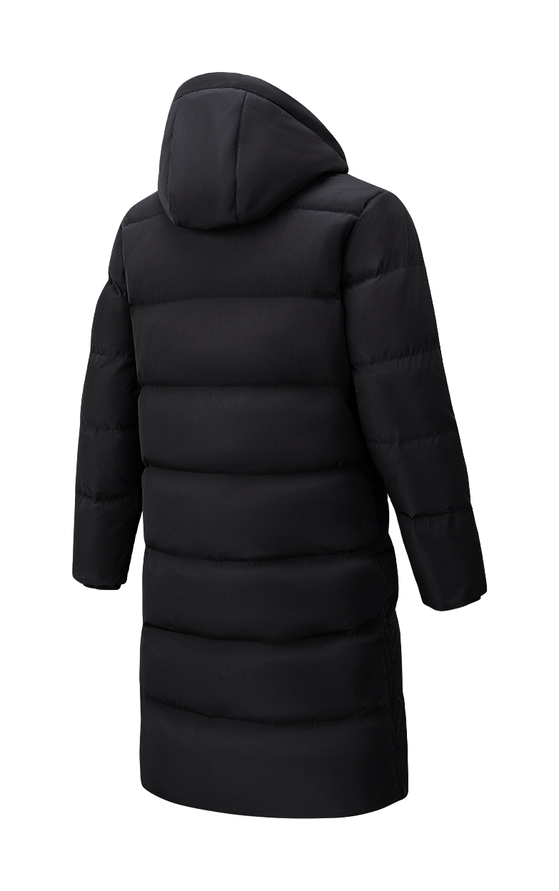 Men's long black down jacket with attached hood, back view of quilted puffer