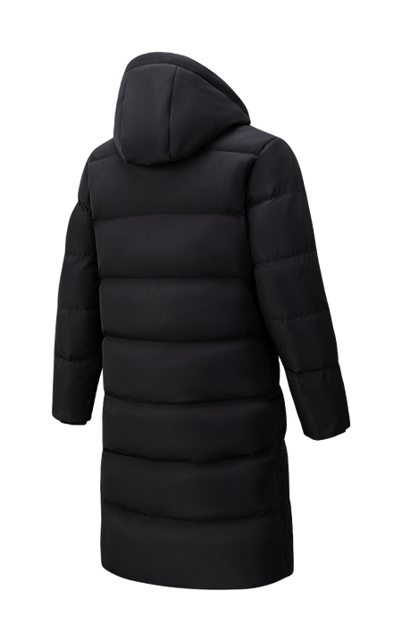 Men's long black down jacket with attached hood, back view of quilted puffer