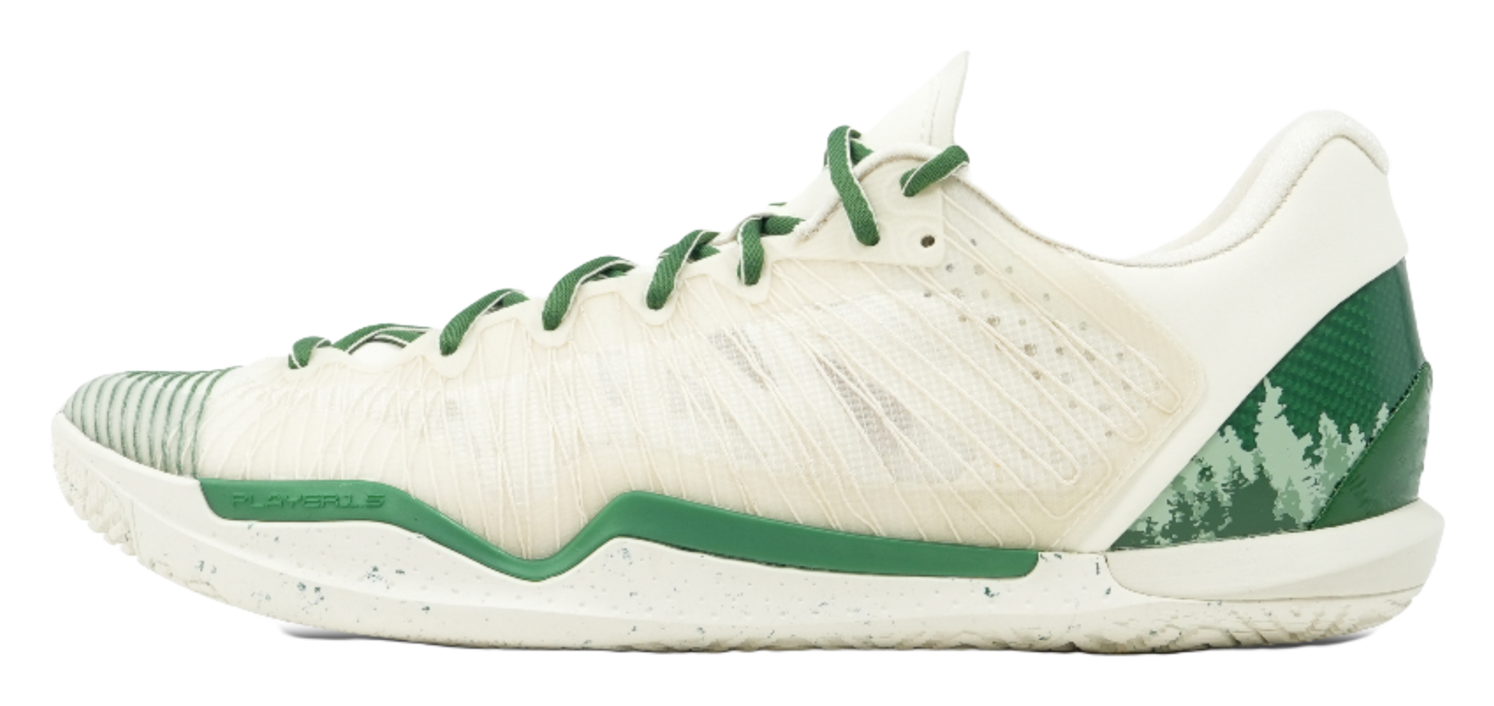 Men's and women's basketball shoes, cream with green laces and tree side panel