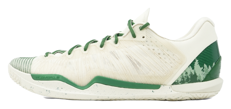 Men's and women's basketball shoes, cream with green laces and tree side panel