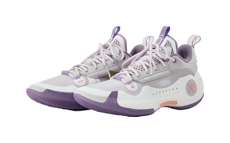 Pair of grey and white low-top basketball shoes with lavender trims and laces