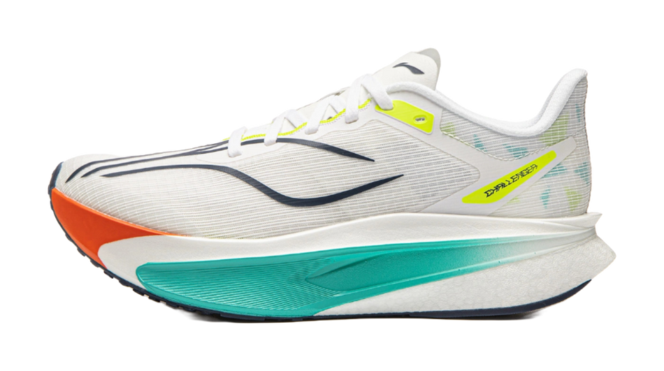 Women’s running shoes, white upper with navy logo, teal midsole, neon yellow laces