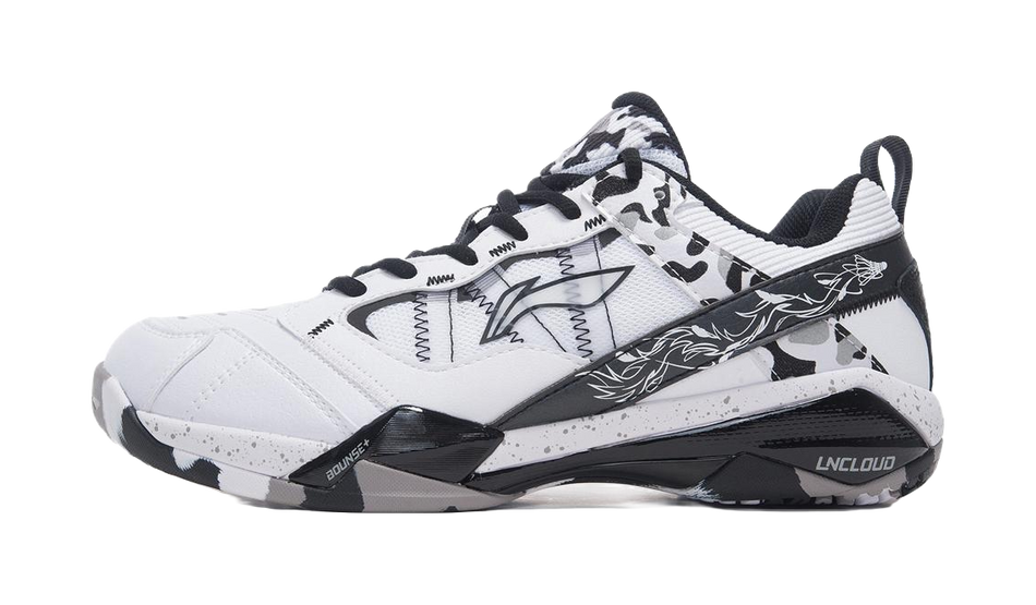 Unisex badminton shoe, white with black snow-camo pattern, lace-up mid-top