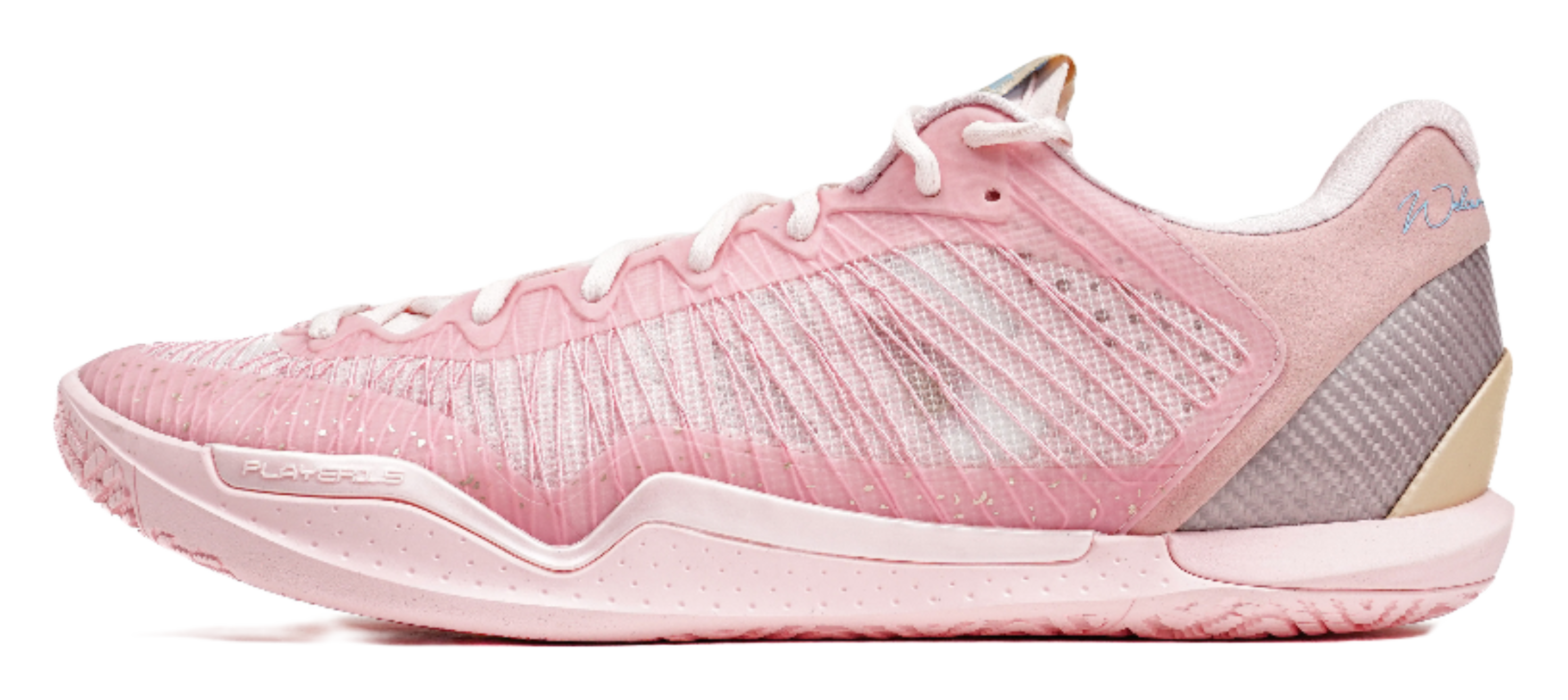 Pink low-top basketball shoes with lace-up closure, textured upper, cushioned sole