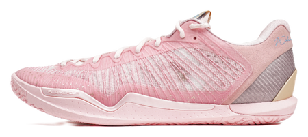 Pink low-top basketball shoes with lace-up closure, textured upper, cushioned sole