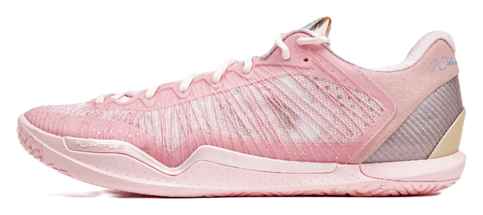 Pink low-top basketball shoes with lace-up closure, textured upper, cushioned sole