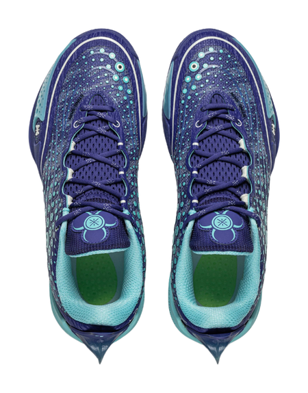 Men's low-top basketball shoes, front pair view, navy laces and aqua lining