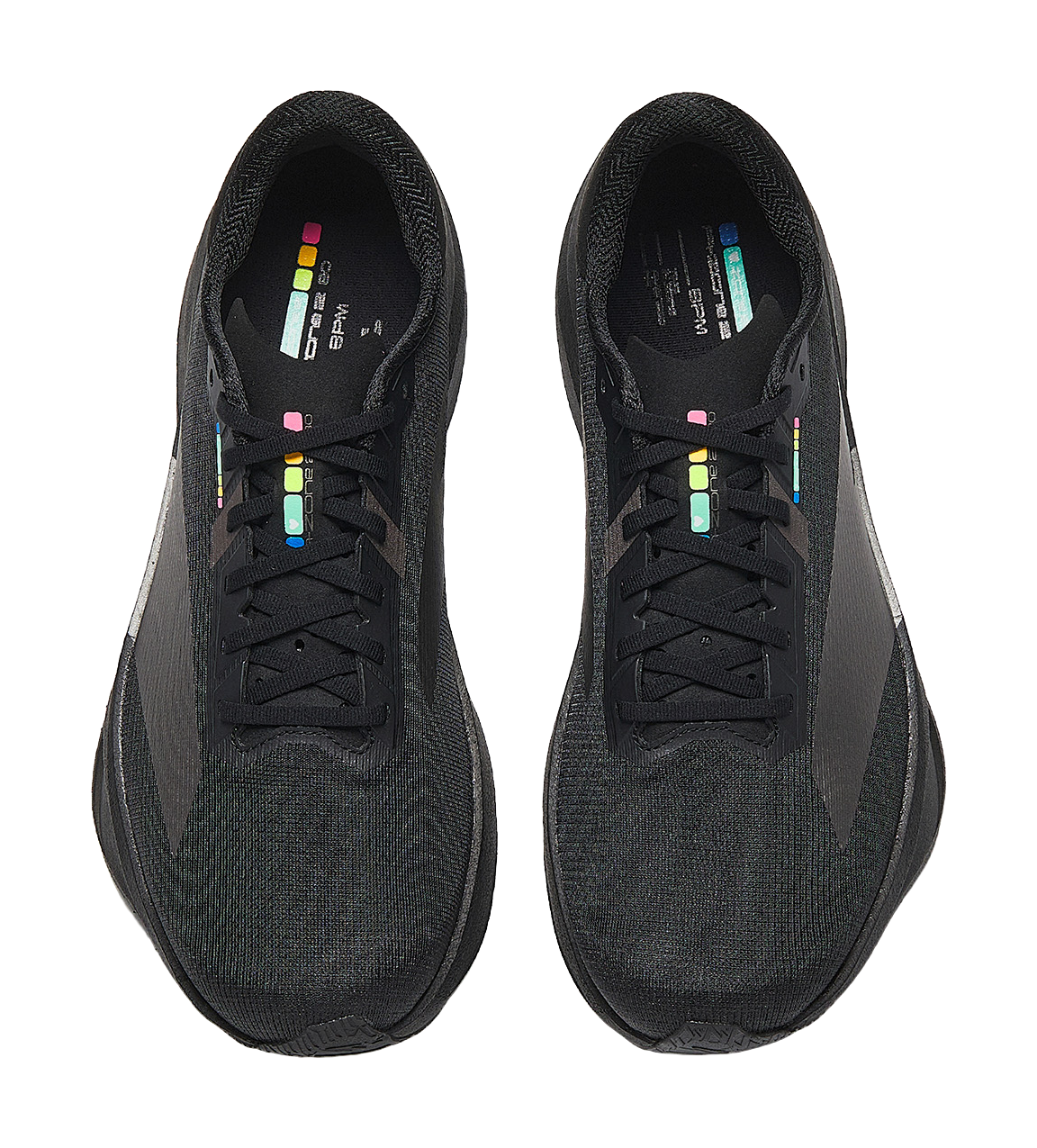 Men's low-top running shoes, black knit upper, rainbow logo accents on tongue