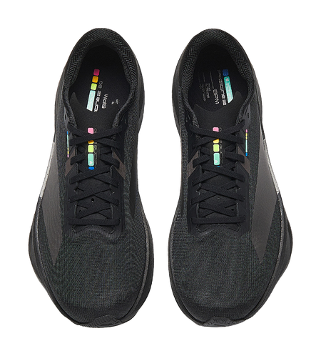 Men's low-top running shoes, black knit upper, rainbow logo accents on tongue