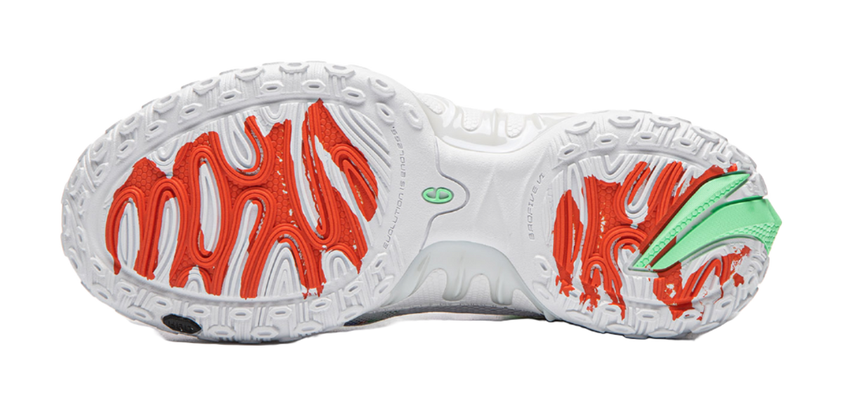 Li-Ning unisex basketball shoe outsole, white tread with orange and green traction accents