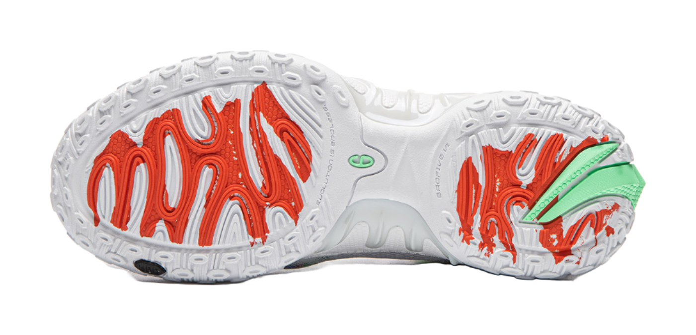 Li-Ning unisex basketball shoe outsole, white tread with orange and green traction accents