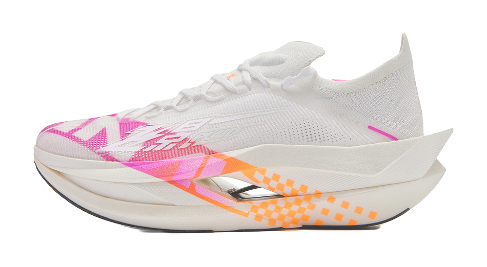 White low-top running sneaker with pink and orange geometric plaid accents