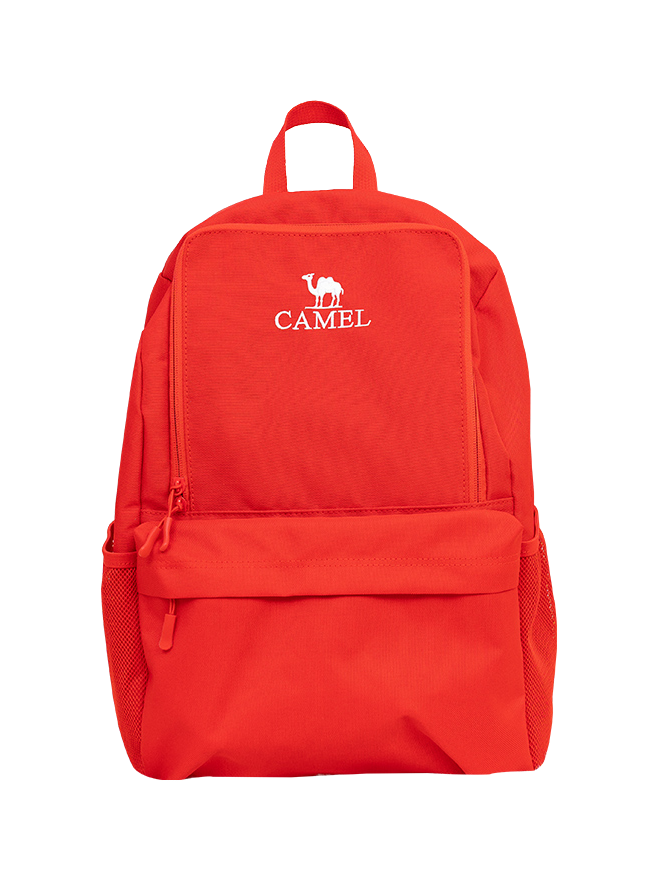 Red-orange outdoor backpack with front zip pocket and top handle, CAMEL logo.