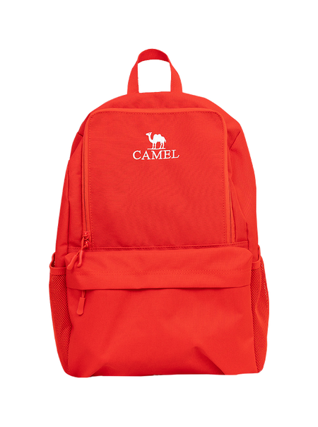 Red-orange outdoor backpack with front zip pocket and top handle, CAMEL logo.