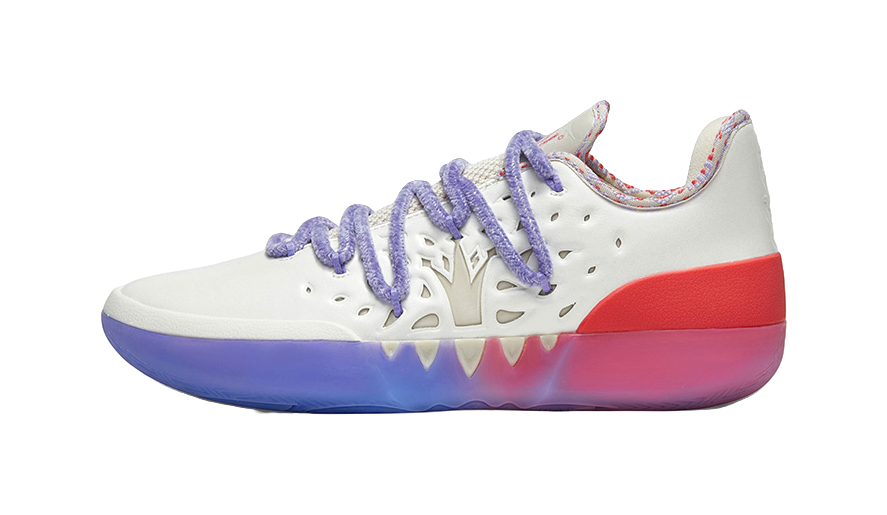 Low basketball shoe in white with red side panel, purple laces, blue-purple sole