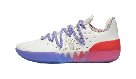 Low basketball shoe in white with red side panel, purple laces, blue-purple sole