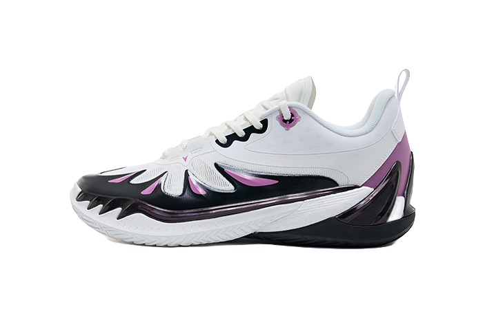 White and purple low-top basketball shoe, lace-up front view with black heel detail