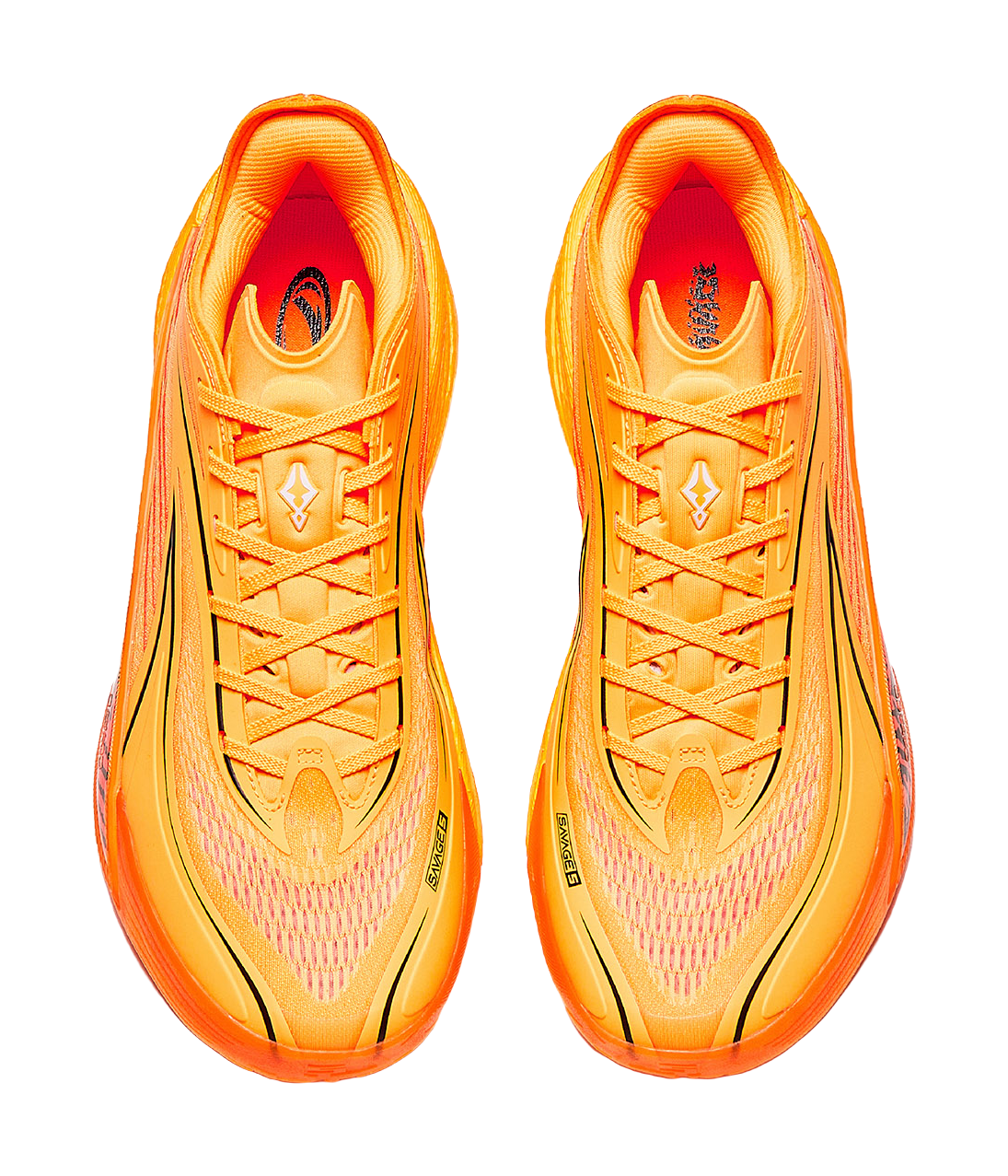 Pair of Anta Crazy 5 low-top shoes, orange/yellow uppers with lace-up front and tongue logo