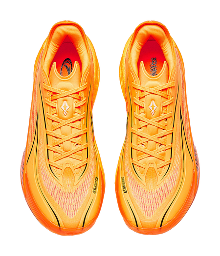 Pair of Anta Crazy 5 low-top shoes, orange/yellow uppers with lace-up front and tongue logo