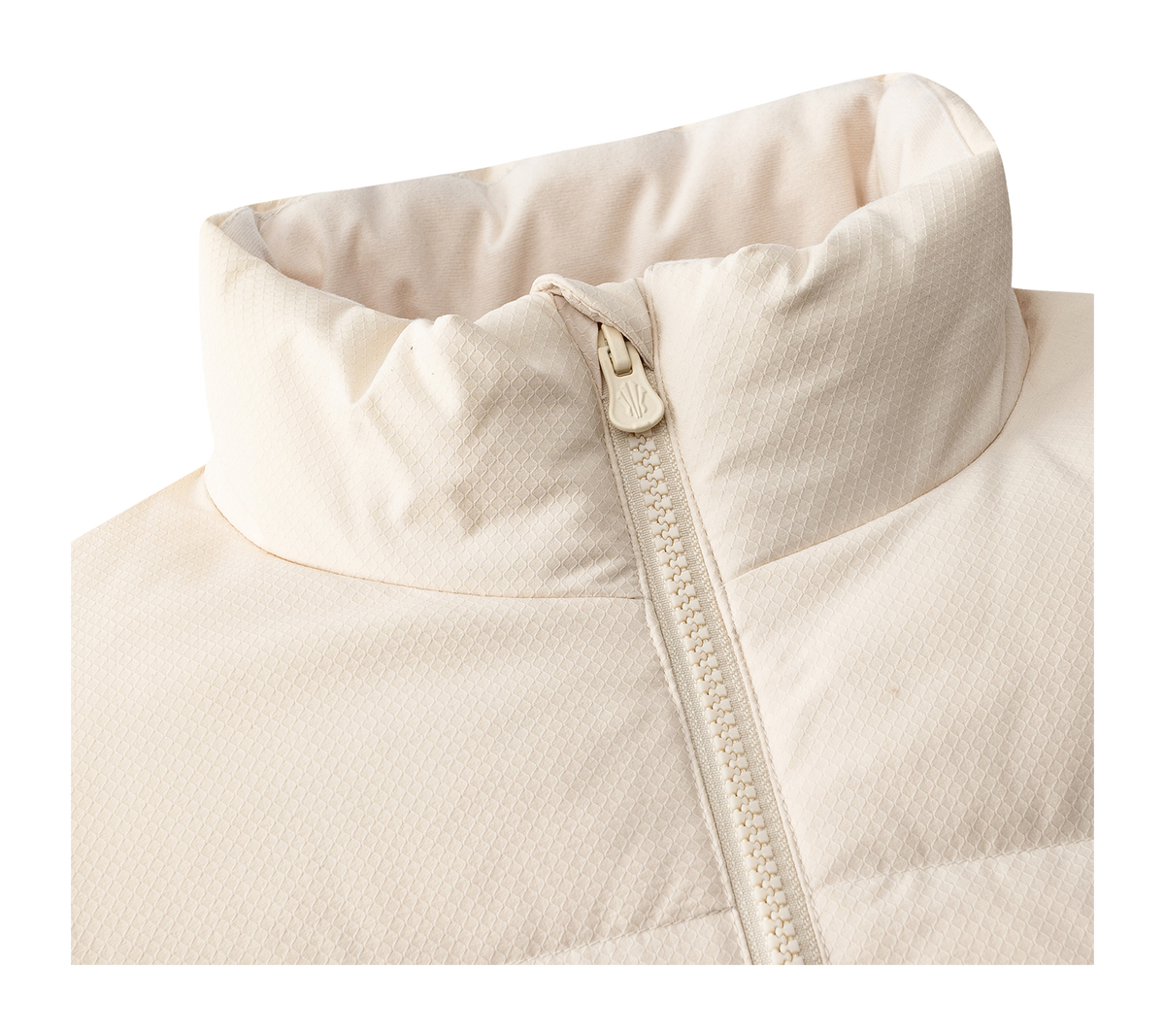 Close-up of stand collar and full zipper on light-colored puffer down jacket