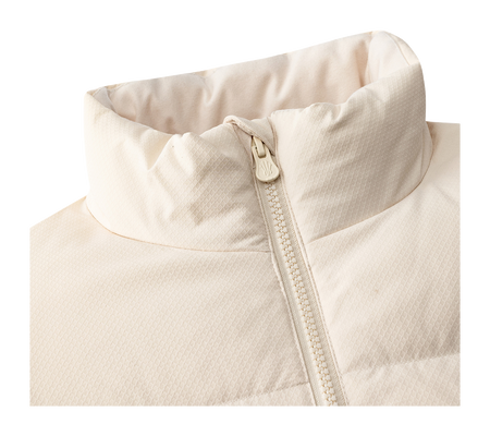 Close-up of stand collar and full zipper on light-colored puffer down jacket