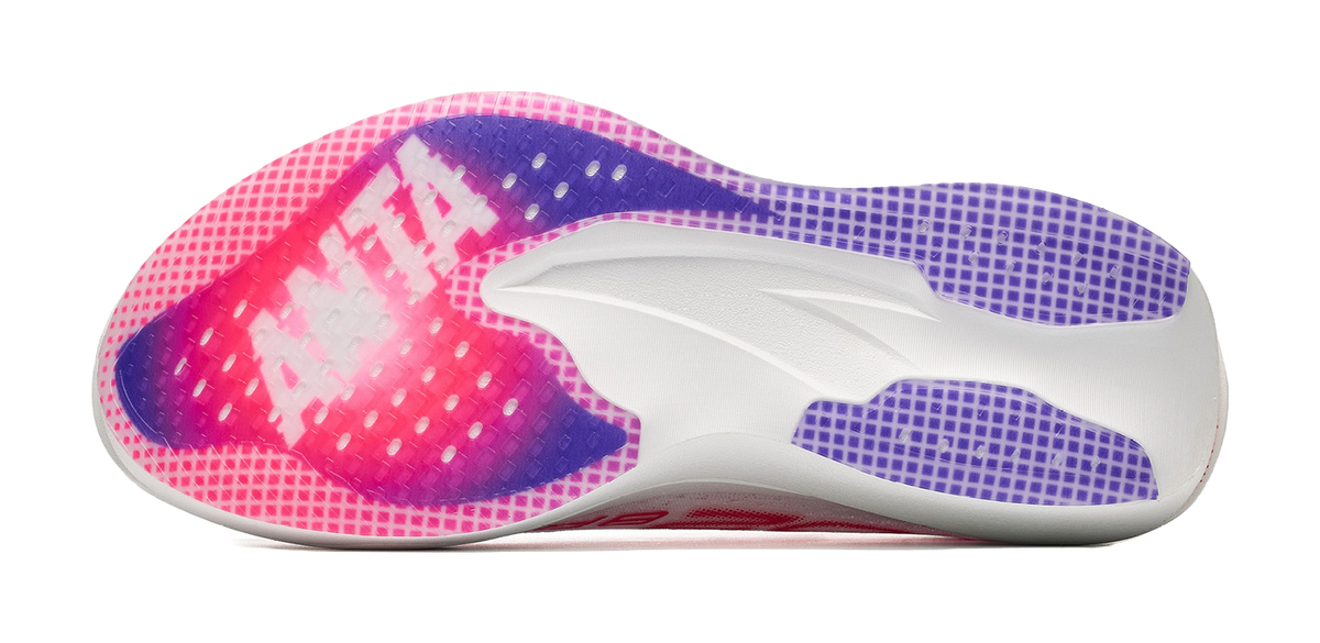 Low-cut running sneaker side view with white sole and purple-red patterned upper