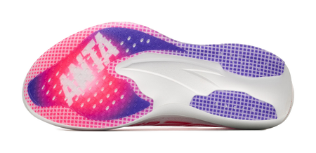 Low-cut running sneaker side view with white sole and purple-red patterned upper