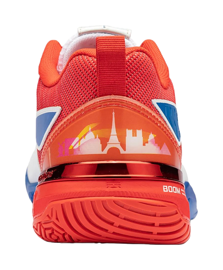 Red and blue unisex badminton shoe heel with city graphic and BOOM midsole