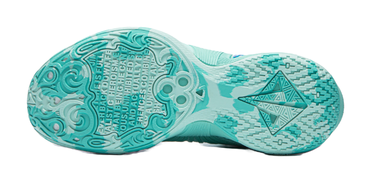 Turquoise basketball shoe outsole with textured traction and blue geometric logo